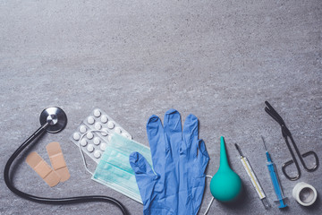 Medical supplies on stone background