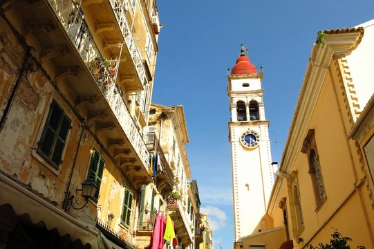 Greece Corfu Town cathedral church tower