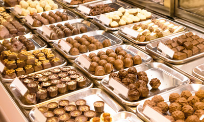 Chocolate praline in the showcase