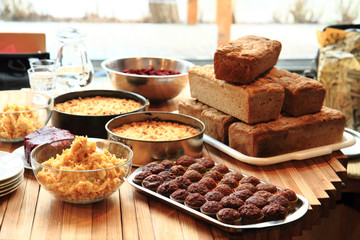 homemade food bread, apple pie and chocolate dessert