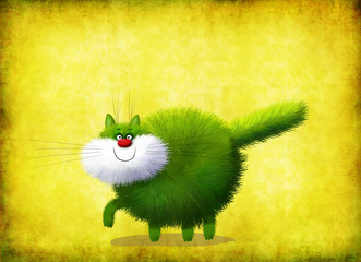 Green Fluffy Walking Cat On Yellow Background