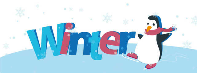 Winter Banner Schriftzug mit Pinguin beim Schlittschuhlaufen