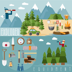 flat design banners of explorer with spyglasses and elements of