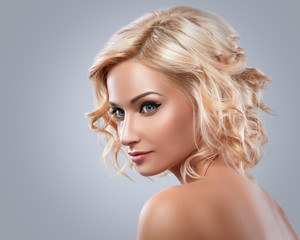 Beautiful blonde woman with eyeliner on her eyes