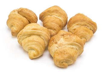 Five delicious filled croissants on white background