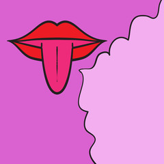 Vector illustration of woman open mouth with tongue out and speech bubble on pink