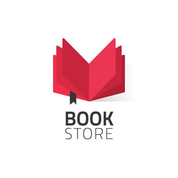 Bookstore logo vector illustration isolated on white, flat red open book logotype for bookshop, cartoon book icon design