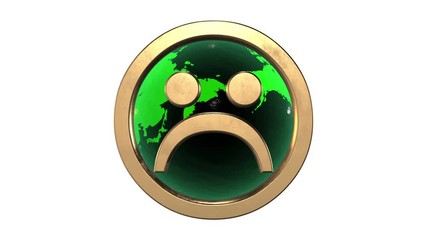 Looped animation: 3d golden sad smiley face emoticon against the spinning  green-grass  earth-globe rendered on white background. Social media. 4k. Loopable.  Seamless loop. 