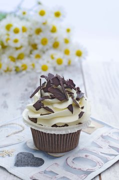 Muffin. Cupcake with chocolate and daisy flower.
