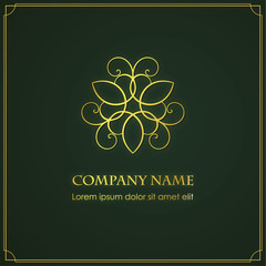Simple and graceful floral logotype design template. Vector golden elegant lineart logo design, vector illustration.