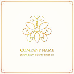 Simple and graceful floral logotype design template with shine on a dark background. Vector golden elegant lineart logo design, vector illustration.