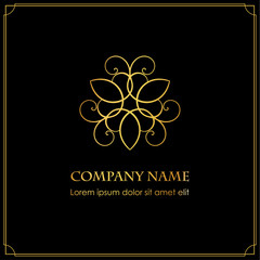 Simple and graceful floral logotype design template with shine on a dark background. Vector golden elegant lineart logo design, vector illustration.