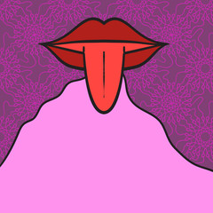 Women mouth open with tongue Out on pink background and place for text, copyspace, speech bubble