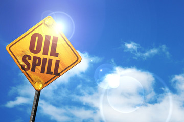 oil spill, 3D rendering, glowing yellow traffic sign