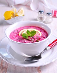Cold summer soup made from boiled beets, eggs, cucumber, green onions and sour cream. Russian tradition.