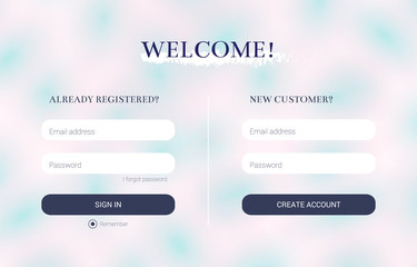 Login and Registration form, strict clean style, flat design. UI elements for your web design: promotional website, business card site, online store, online catalog, blog. Eps10 vector illustration.