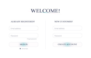 Login and Registration form, strict clean style, flat design. UI elements for your web design: promotional website, business card site, online store, online catalog, blog. Eps10 vector illustration.