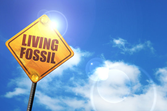 living fossil, 3D rendering, glowing yellow traffic sign