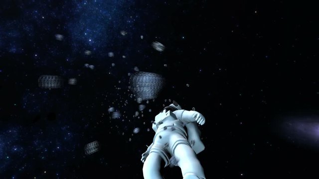 Astronaut flying among asteroids and watches. Motion graphic seamless animation.