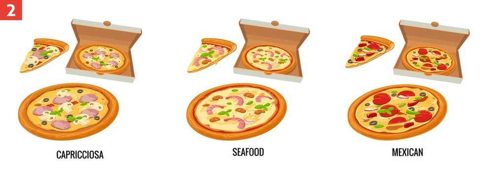 Whole pizza and slices of pizza in open white box. Mexican, Seafood, Capricciosa. Vector isolated flat illustration for poster, menus, brochure, web and icon