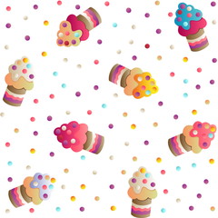 Seamless pattern with a cute appetizing cakes and candies on a white  background