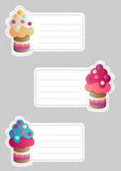 Set of three cute blank card with appetizing cakes 