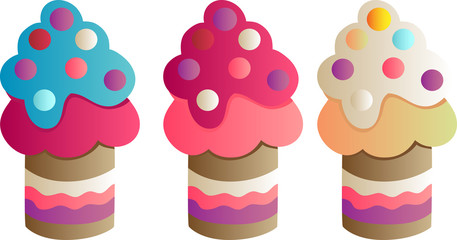Drawing of a set of three cupcakes with candies. gradient coloring