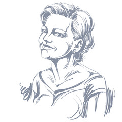 Hand-drawn portrait of white-skin romantic woman, face emotions