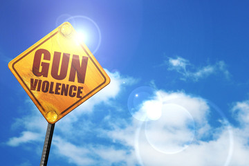 gun violence, 3D rendering, glowing yellow traffic sign