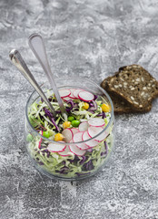 Fresh vegetable salad with white and red cabbage, cucumber, radish and cilantro in a glass jar on a stone texture. Healthy vegetarian food.