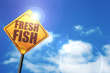 fresh fish, 3D rendering, glowing yellow traffic sign