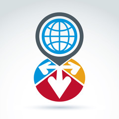 Global earth with arrows pointing out of center icon, vector con