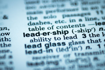 Leadership enterprise company business concept and vision highlight word in dictionary vocabulary definition book page close up macro, glowing in blue