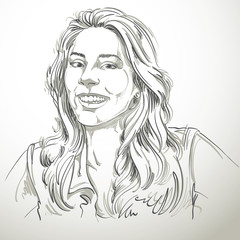 Monochrome vector hand-drawn image, happy smiling young woman. B