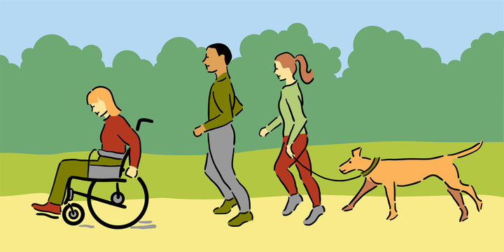 Woman in wheelchair with a man, woman and pet dog jogging outside, green clothing