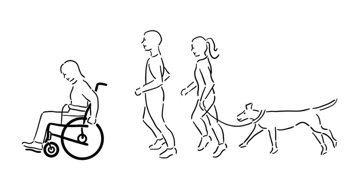 Woman in wheelchair with a man, woman and pet dog jogging outside, black outline