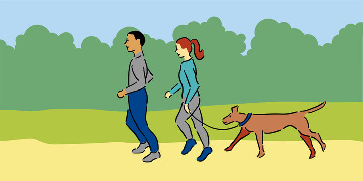 Man and woman with pet dog jogging outside, blue and grey clothing