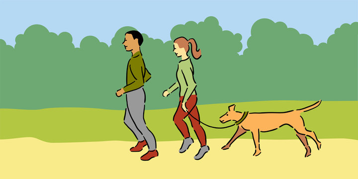 Man and woman with pet dog jogging outside, green tops