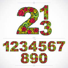 Floral numerals, hand-drawn vector numbers decorated with botani