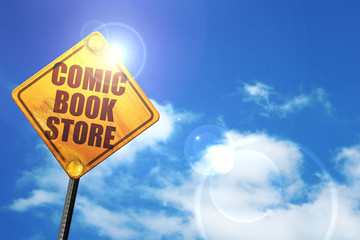 comic book store, 3D rendering, glowing yellow traffic sign