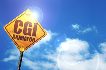 cgi animator, 3D rendering, glowing yellow traffic sign