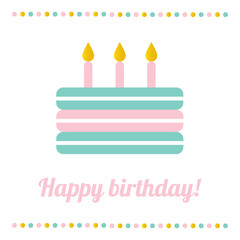Cute birthday card with colorful cake and candles. Vector birthday illustration.