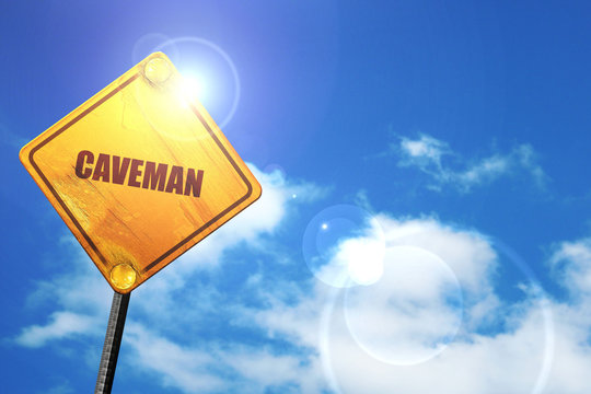 caveman, 3D rendering, glowing yellow traffic sign