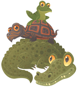 Swamp Squad. Cartoon vector illustration of an alligator, a turtle and a frog hanging out together, stacked in a pyramid.