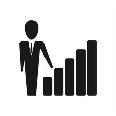 Businessman presentation with rising chart bar sign simple icon on background