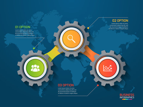 Vector infographic template with gears and world map. Business and industry concept with 3 options, parts, steps, processes.