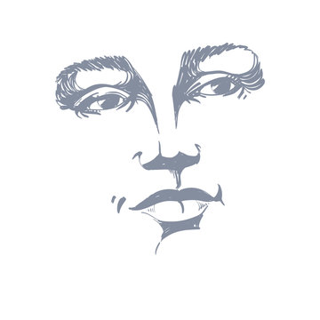 Hand-drawn portrait of white-skin flirting woman, face emotions
