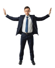 Businessman stands pushing invisible walls by his hands. Cutout portrait.