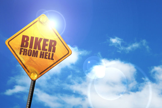 biker from hell, 3D rendering, glowing yellow traffic sign