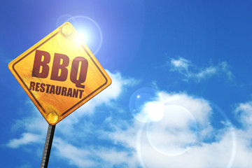 bbq restaurant, 3D rendering, glowing yellow traffic sign